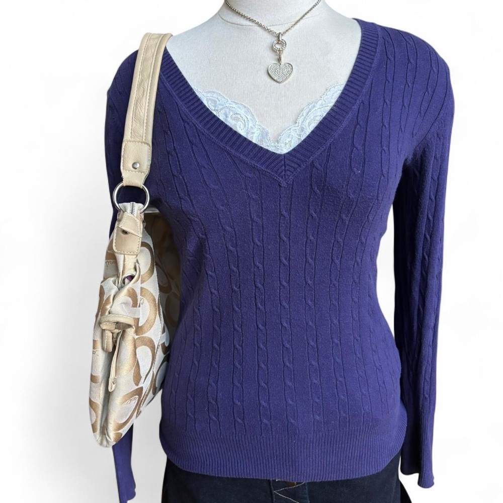 Y2K Purple V-Neck Cable Knit Sweater